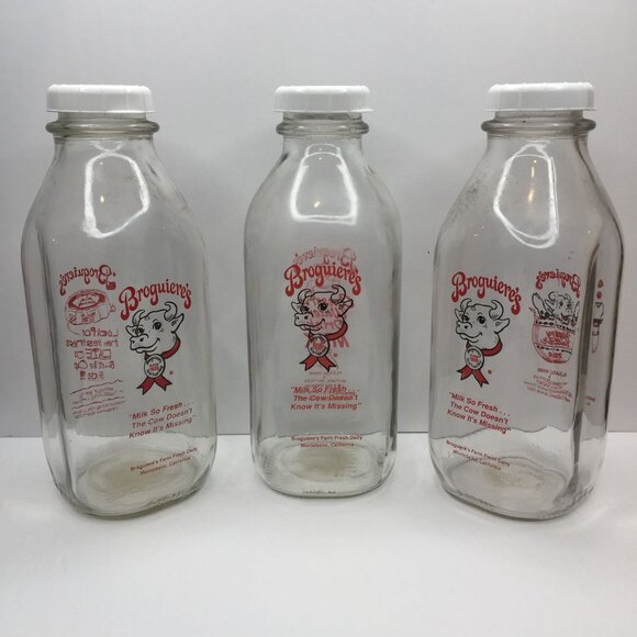 Vintage Set 3 Broguieres Glass Milk Bottles Egg Nog Christmas 2007 Reusable Lids - Picture 1 of 14